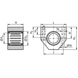 Linearkugellagereinheit KG-1 ISO-Reihe 1 Premium mit Deckscheiben für Wellendurchmesser 8mm, Technische Zeichnung