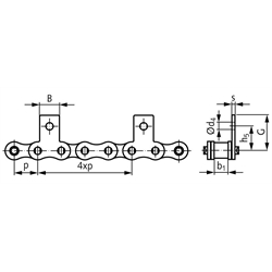 Flachlaschen-Rollenkette 12 B-1-M1, 4xp mit einseitigen schmalen Flachlaschen mit 1 Befestigungsbohrung am Aussenglied im Abstand 4xp , Technische Zeichnung