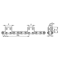 Flachlaschen-Rollenkette 06 B-1-M2, 6xp mit beidseitigen breiten Flachlaschen mit 2 Befestigungsbohrungen am Aussenglied im Abstand 6xp , Technische Zeichnung