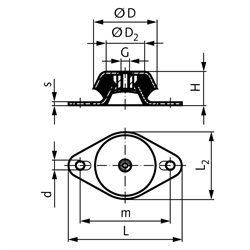 Maschinenfuß mit Abreisssicherung Durchm. 60mm Höhe 31mm Gewinde M10 Flansch oval, Technische Zeichnung