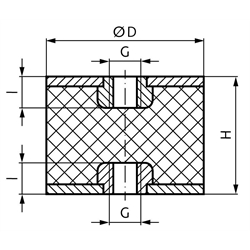 Metall-Gummipuffer MGI mit beidseitigem Innengewinde Durchmesser 50mm Höhe 40mm Gewinde M10 x 10mm Edelstahl 1.4301 , Technische Zeichnung