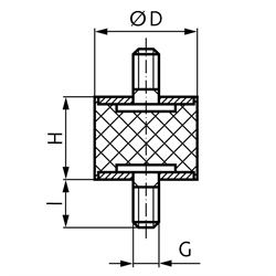 Metall-Gummipuffer MGP Durchmesser 50mm Höhe 30mm Gewinde M10 x 28mm Edelstahl 1.4301 , Technische Zeichnung