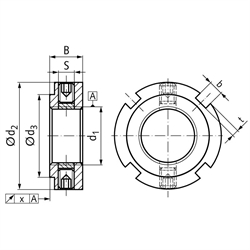 Präzisions-Nutmutter MZM 40 mit Sicherungsstiften Gewinde M40 x 1,5, Technische Zeichnung