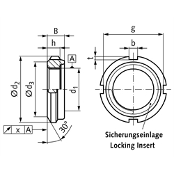 Nutmutter UW mit Sicherungseinlage Gewinde M70x2 , Technische Zeichnung