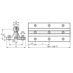 Präzisions-Wellenstahl mit Wellenunterstützung Ø 20h6 x 1200mm lang , Technische Zeichnung