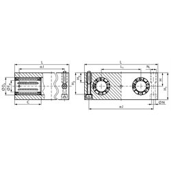 Quadro-Linearlagereinheit KGQ-3 ISO-Reihe 3 Premium mit Linear-Kugellagern mit Winkelausgleich mit Doppellippendichtung für Wellen-Ø 30mm, Technische Zeichnung