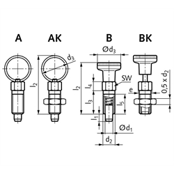Rastbolzen 717 Form B Bolzendurchmesser 8mm Gewinde M12, Technische Zeichnung