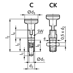 Rastbolzen 717 Form CK Bolzendurchmesser 6mm Gewinde M12x1,5, Technische Zeichnung