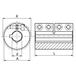 Geschlitzte Schalenkupplung MAS beidseitig Bohrung 19mm mit Nut Edelstahl 1.4305 mit Schrauben DIN 912 A2-70 , Technische Zeichnung