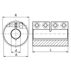 Geschlitzte Schalenkupplung MAS beidseitig Bohrung 4mm ohne Nut Edelstahl 1.4305 mit Schrauben DIN 912 A2-70 , Technische Zeichnung