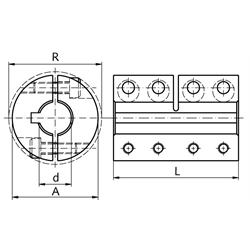 Geteilte Schalenkupplung MAT beidseitig Bohrung 12mm mit Nut Stahl C45 brüniert mit Schrauben DIN 912-12.9 , Technische Zeichnung