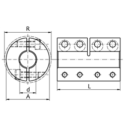 Geteilte Schalenkupplung MAT beidseitig Bohrung 14mm ohne Nut Edelstahl 1.4305 mit Schrauben DIN 912 A2-70 , Technische Zeichnung