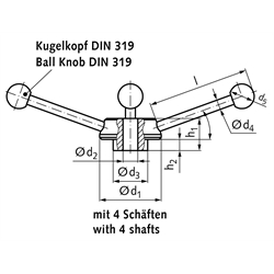 Schaltkreuz 2130 St Nabendurchmesser 60mm Kugelknopf aus Kunststoff , Technische Zeichnung