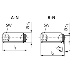 Kugeldruckschraube Edelstahl Form B-N M8 x 10mm , Technische Zeichnung