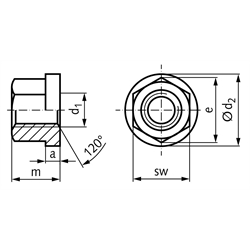 Sechskantmutter DIN 6331 mit Bund M8 Vergütungsstahl Klasse 10 , Technische Zeichnung