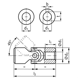 Einfach-Wellengelenk WEL ähnlich DIN808 beidseitig Bohrung 18H7 mit Nut DIN 6885-1 Toleranz JS9, Technische Zeichnung