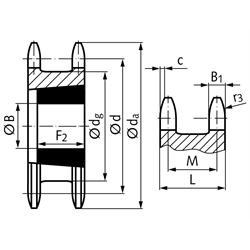 Doppel-Kettenrad ZRET für 2 Einfach-Rollenketten 10 B-1 5/8"x3/8" 14 Zähne Material Stahl für Taper-Spannbuchse 1108, Technische Zeichnung