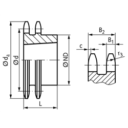 Zweifach-Kettenrad ZRT 16 B-2 1"x17,02mm 26 Zähne Material Stahl für Taper-Spannbuchse Typ 3020 , Technische Zeichnung