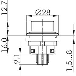 Wahltaster tastend 2S, Schaltwinkel +-40°, Einbau-Ø 22,3mm, Flachstecker , Technische Zeichnung