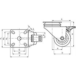 Apparaterollen, Lenkrollen mit Feststeller und Lochplatte, Doppellenkrolle, Technische Zeichnung