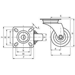 Kompaktrollen, Lenkrollen mit Lochplatte, TPU-Rad, Technische Zeichnung
