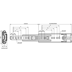 Auszugschienen DS 5321, Breite 19,1 mm, bis 170 kg, Edelstahl, Überauszug, Technische Zeichnung