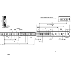 Auszugschienen DH 3832 korrosionsbeständig, Breite 12,7 mm, bis 50 kg, Vollauszug, Technische Zeichnung