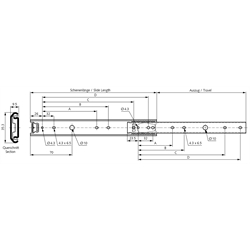 Auszugschienensatz DS 2028 Schienenlänge 650mm Edelstahl, Technische Zeichnung