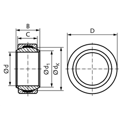 Radial-Gelenklager DIN ISO 12240-1-E Reihe GE..UK wartungsfrei Bohrung 70mm Außendurchmesser 105mm, Technische Zeichnung