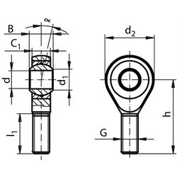 Gelenkköpfe GT DIN ISO 12240-4, K, wartungsfrei, Außengewinde, Technische Zeichnung