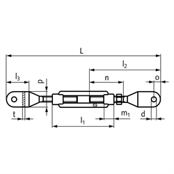 Spannschloss DIN 1480 mit 2 Blattschrauben und Kontermutter rechts Gewinde M8 Material S235 galvanisch verzinkt, Technische Zeichnung