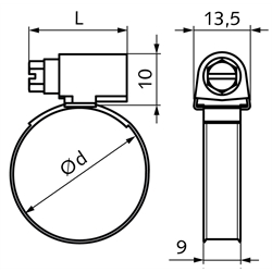 Schlauchschelle DIN 3017 A Typ W4 Edelstahl 1.4301 Spannbereich 25-40mm Bandbreite 9mm, Technische Zeichnung