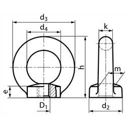 Ringmuttern DIN 582, Stahl verzinkt, geschmiedet, Technische Zeichnung
