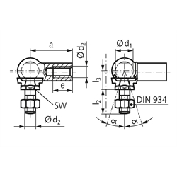 Winkelgelenk DIN 71802 Ausführung C Größe 16 Gewinde 10 links mit Mutter Stahl verzinkt mit montierter Dichtkappe, Technische Zeichnung