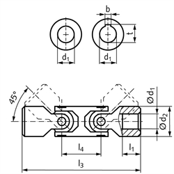 Doppel-Präzisions-Wellengelenke WDN, Stahl, mit Nadellagern, Technische Zeichnung