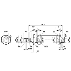 Doppeltwirkende Rundzylinder nach ISO 6432 mit Magnetkolben (Endlagenpuffer), Technische Zeichnung