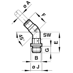 Drehbare Winkel-Einschraubverbindung 45° mit O-Ring Rohr-Außendurchmesser 6mm Gewinde G1/8A , Technische Zeichnung