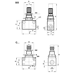 Drosselrückschlagventil Drosselung in eine Richtung Gewinde M5 , Technische Zeichnung