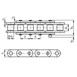 Rostfreie Einfach-Rollenkette ähnlich 08 B-1 Teilung 1/2x5/16" Werkstoff 1.4301 gerade Laschen, Technische Zeichnung