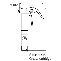 Einhand-Fettpresse Lube Shuttle® System M10x1 mit Hochdruck-Gummipanzerschlauch und Mundstück, Technische Zeichnung