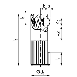 Federndes Seitendruckstück 2214 8 x 25 Form A einseitig normaler Federdruck Automatenstahl brüniert , Technische Zeichnung