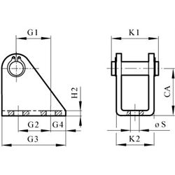 Gabelbock mit Sicherungsring für Zylinderdurchmesser 12/16mm , Technische Zeichnung