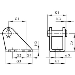 Gabelbock mit Splint für Zylinderdurchmesser 12/16mm , Technische Zeichnung