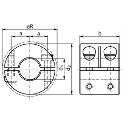 Geteilter Klemmring breit Stahl C45 brüniert Bohrung 10mm mit Schrauben DIN 912 12.9, Technische Zeichnung