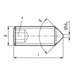 Gewindestift ISO 4027 (ex DIN 914) mit Innensechskant und Spitze Stahl 45H M6 x 10mm, Technische Zeichnung