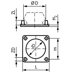 Gummiunterlagen für Maschinenfüße mit quadratischem Flansch, Technische Zeichnung