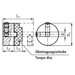Drehstarre Kupplungen HZD mit Durchgangsbohrung, Stellschraubenausführung, Technische Zeichnung