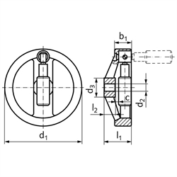 Umleggriff-Handrad 3223 Material Aluminium Ausführung N/G Durchmesser 160mm mit Bohrung 14H7 und Nut, Technische Zeichnung