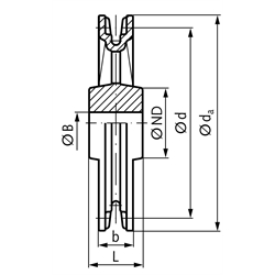 Verzahntes Kettenrad (Haspelrad) 6 Zähne DIN 766 Außen-Ø 115 mm für Kettenstärke 8 mm Material Grauguss GG25 , Technische Zeichnung