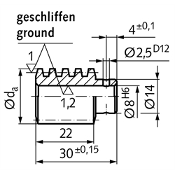 Präzisions-Schnecke einsatzgehärtet und geschliffen Achsabstand 31mm i=2,5 , Technische Zeichnung